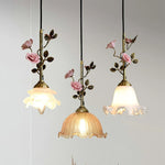French Copper Glass Rose Pendant Lamp