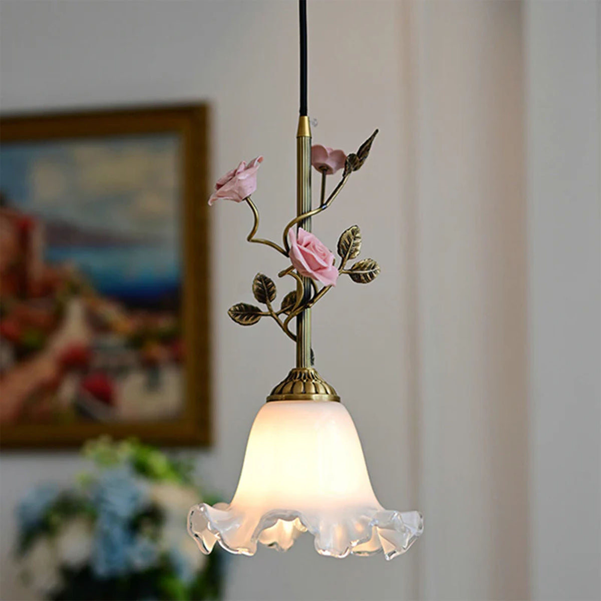French Copper Glass Rose Pendant Lamp