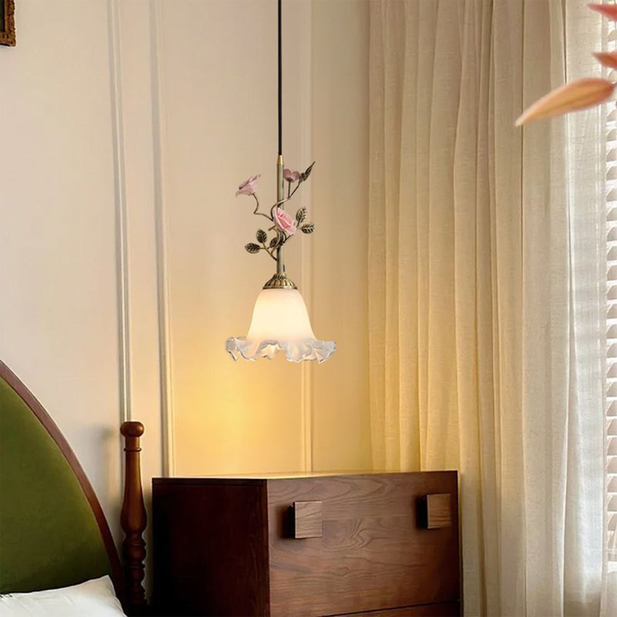 French Copper Glass Rose Pendant Lamp