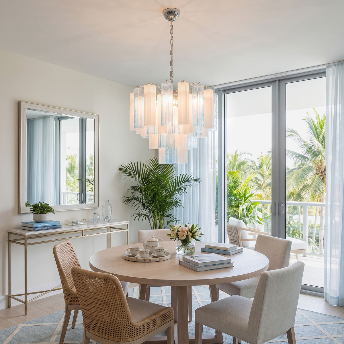 Givrane Two-Tone Glass Tube Tiered Chandelier | Two-Tone Glass and Brass | Illuminating a sunlit dining area with round table and console mirror | Severn Lighting