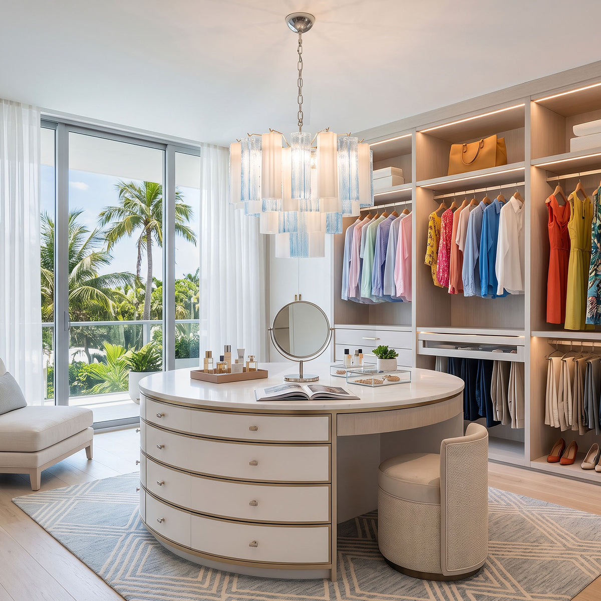 Givrane Two-Tone Glass Tube Tiered Chandelier | Two-Tone Glass and Brass | Styled in a bright luxury dressing room with curved vanity and wardrobe | Severn Lighting