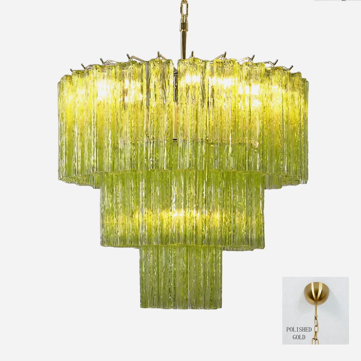 Green Glacier Tier Chandelier | Textured Green Glass | Studio display on white background with a small inset showing the polished brass hardware option | Severn Lighting