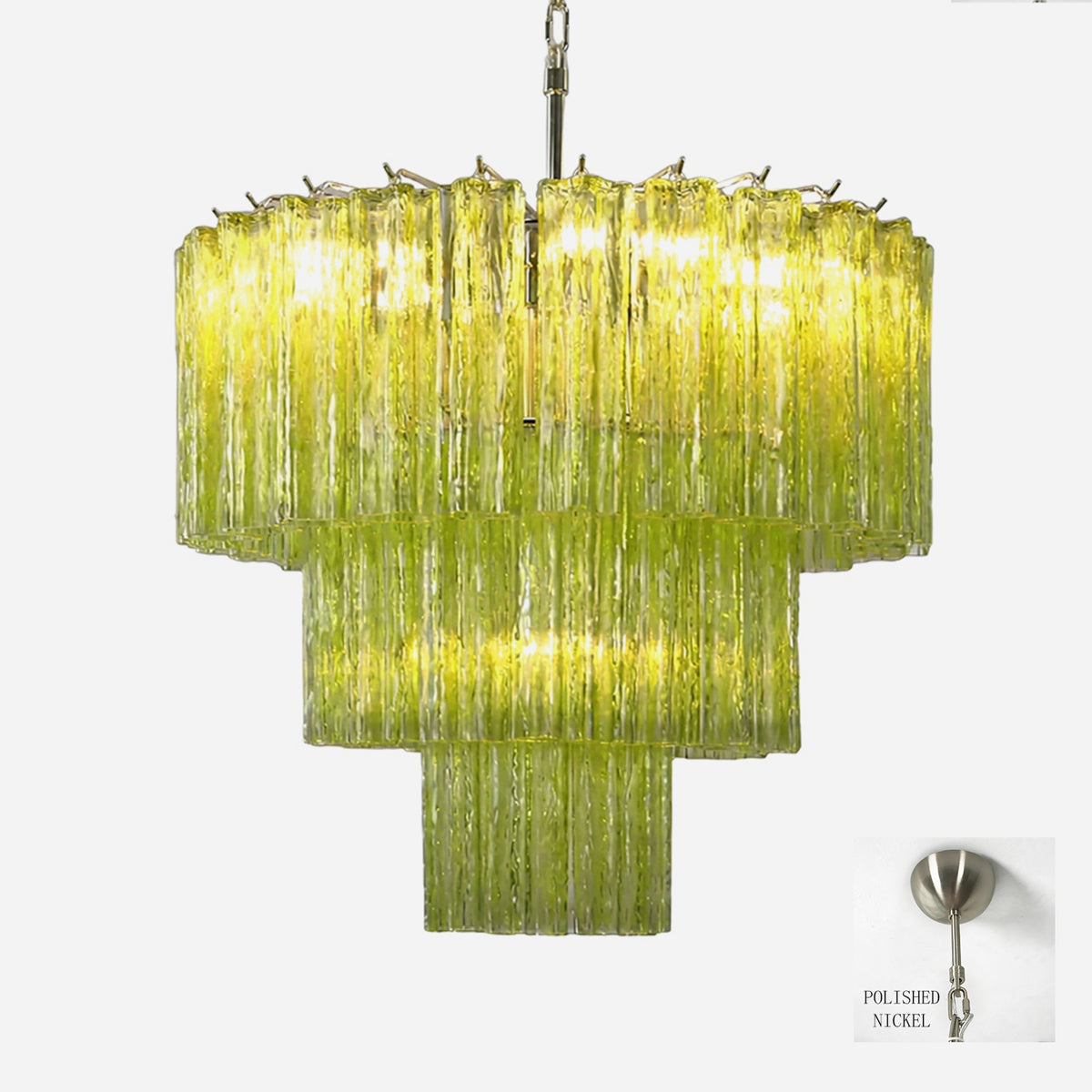 Green Glacier Tier Chandelier | Textured Green Glass | Studio view on a plain white background featuring an inset icon of the polished chrome finish | Severn Lighting