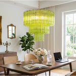 Green Glacier Tier Chandelier | Textured Green Glass | Suspended over a dark wood table with a laptop in a bright home office or study room | Severn Lighting