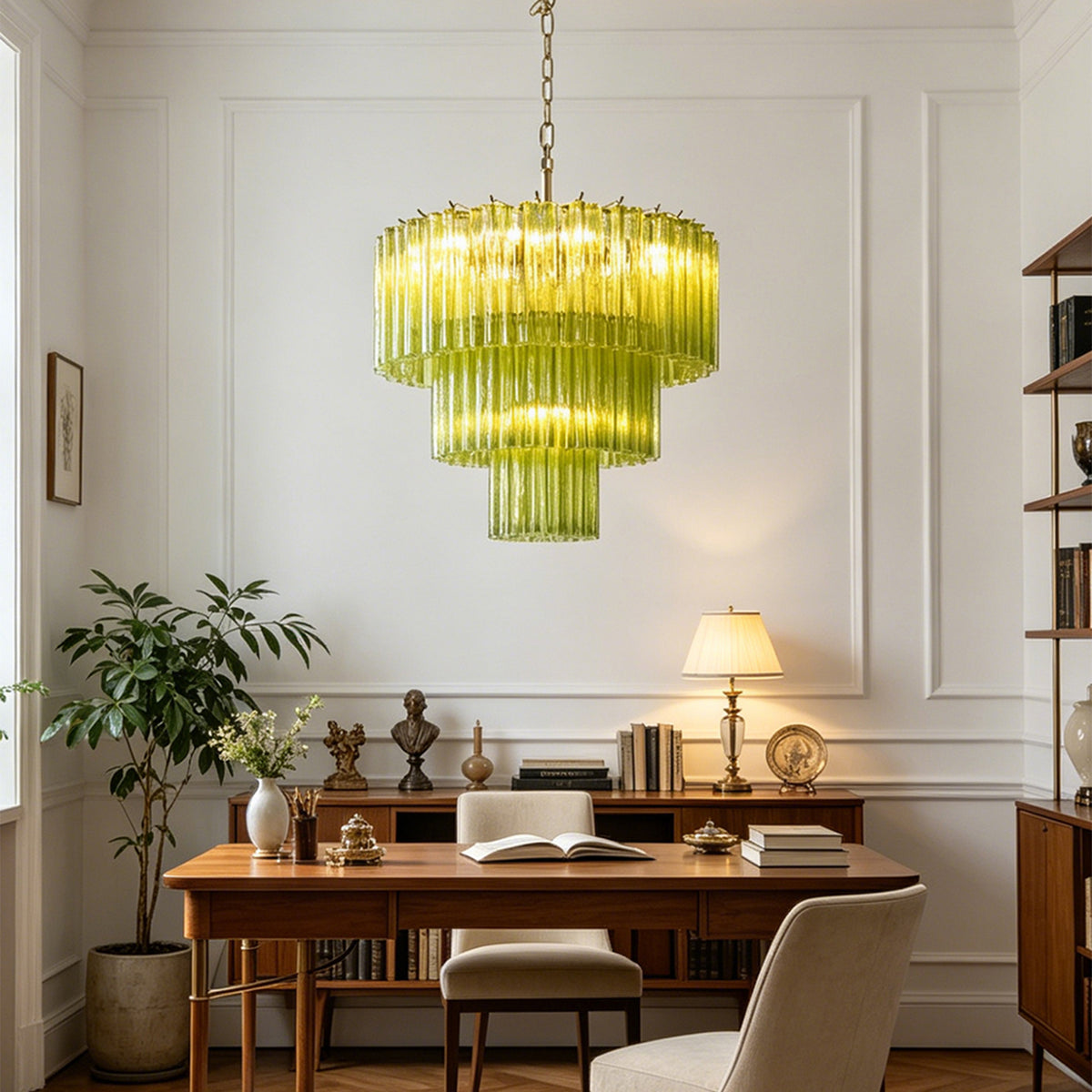 Green Glacier Tier Chandelier | Textured Green Glass | Casting a warm ambient glow over a wooden writing desk and chair in a sophisticated room | Severn Lighting