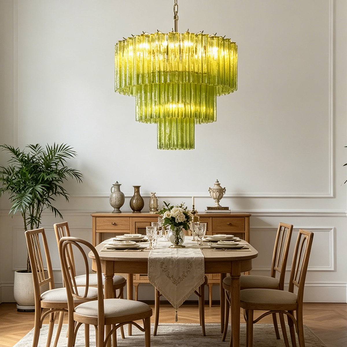 Green Glacier Tier Chandelier | Textured Green Glass | Centered above a formal wooden dining room set with matching chairs and a wooden sideboard | Severn Lighting