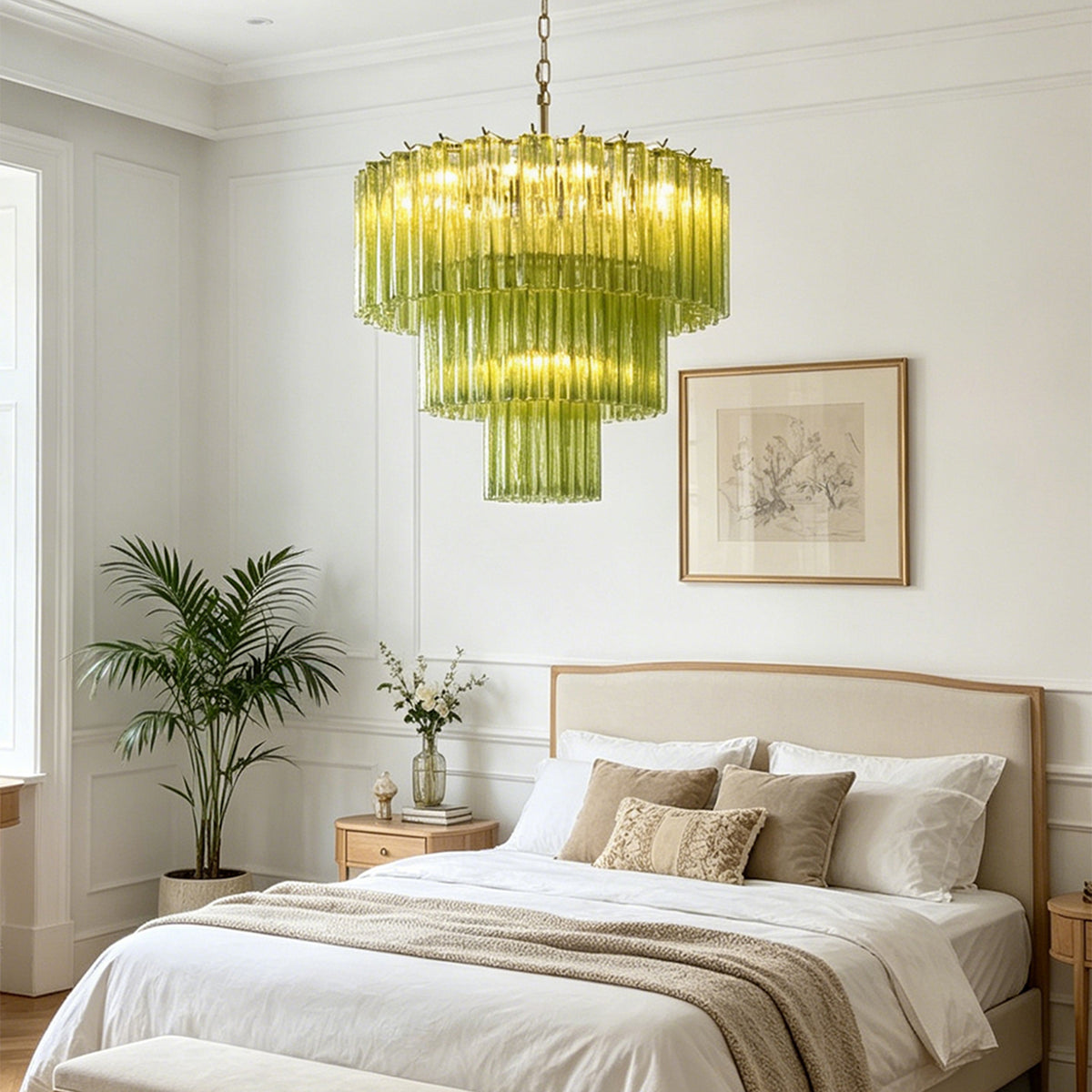Green Glacier Tier Chandelier | Textured Green Glass | Adding a unique decorative element hanging in a modern bedroom with neutral linens | Severn Lighting