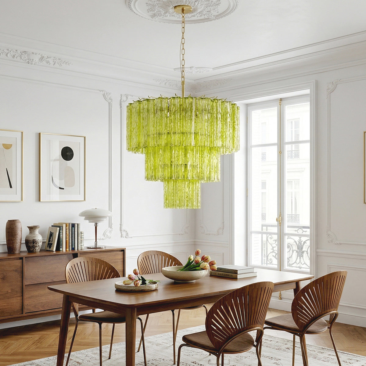 Green Glacier Tier Chandelier | Textured Green Glass | Suspended from a high white ceiling in a brightly lit dining area with minimalist decor | Severn Lighting