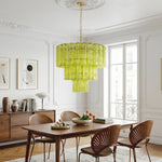 Green Glacier Tier Chandelier | Textured Green Glass | Suspended from a high white ceiling in a brightly lit dining area with minimalist decor | Severn Lighting