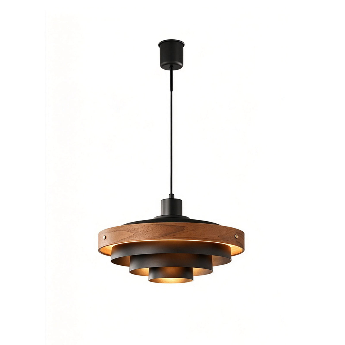 Holmvik Walnut Ring Tiered Metal Pendant Light | Walnut Wood and Metal | Full vertical product view of the black variant on pure white background | Severn Lighting