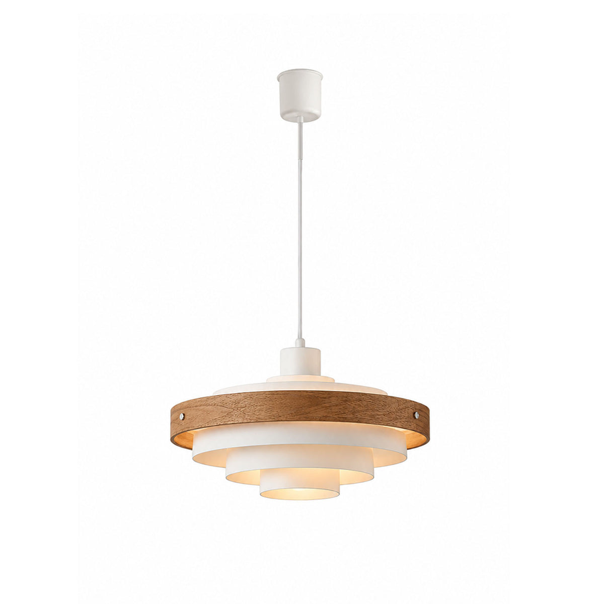 Holmvik Walnut Ring Tiered Metal Pendant Light | Walnut Wood and Metal | Full vertical product view of the white variant on pure white background | Severn Lighting