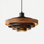 Holmvik Walnut Ring Tiered Metal Pendant Light | Walnut Wood and Metal | Front full view of black finish on a pure white background, illuminated | Severn Lighting