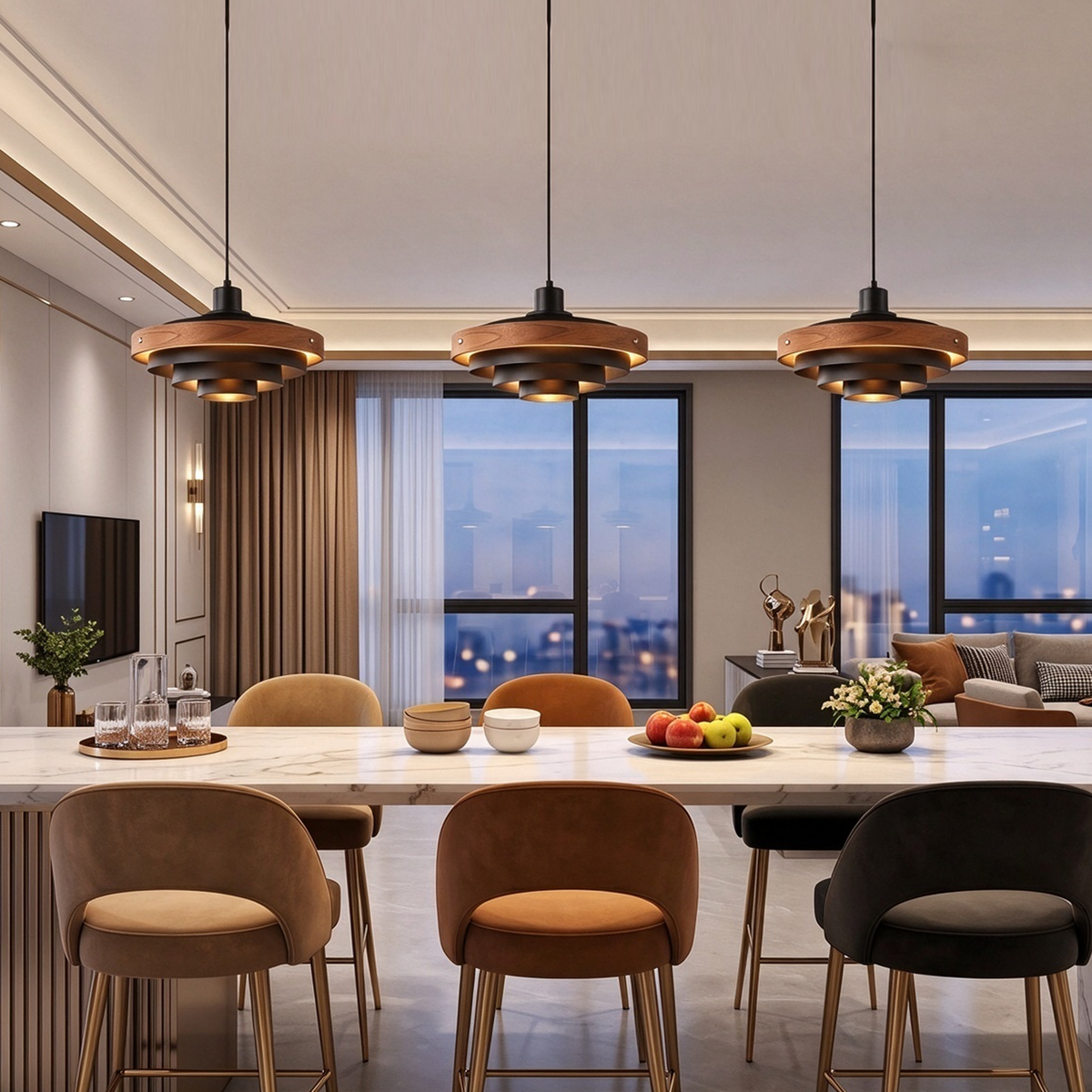 Holmvik Walnut Ring Tiered Metal Pendant Light | Walnut Wood and Metal | Hanging over a long wooden dining table reflected in a large wall mirror | Severn Lighting
