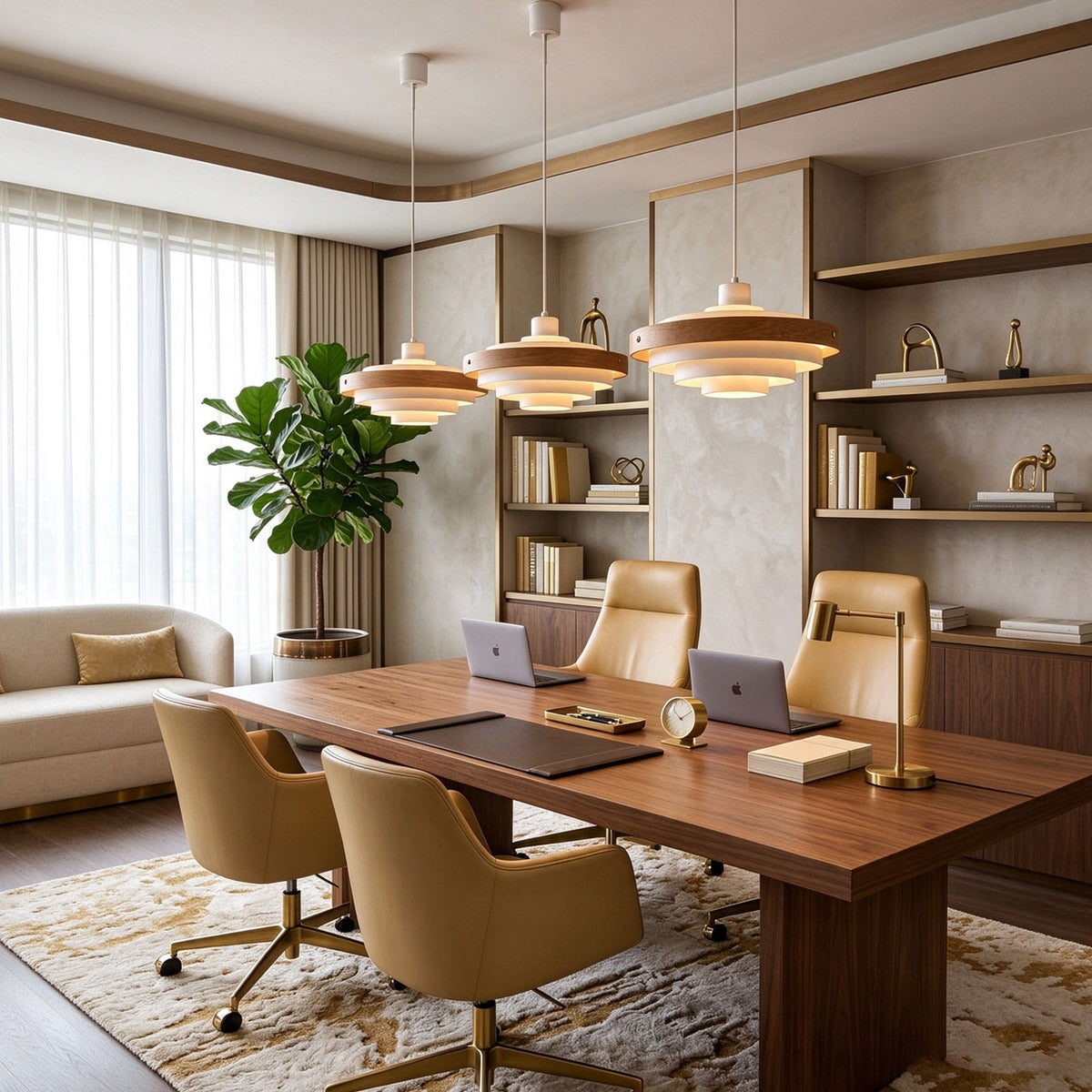 Holmvik Walnut Ring Tiered Metal Pendant Light | Walnut Wood and Metal | Row of three pendant lights styled above a large wooden office desk | Severn Lighting