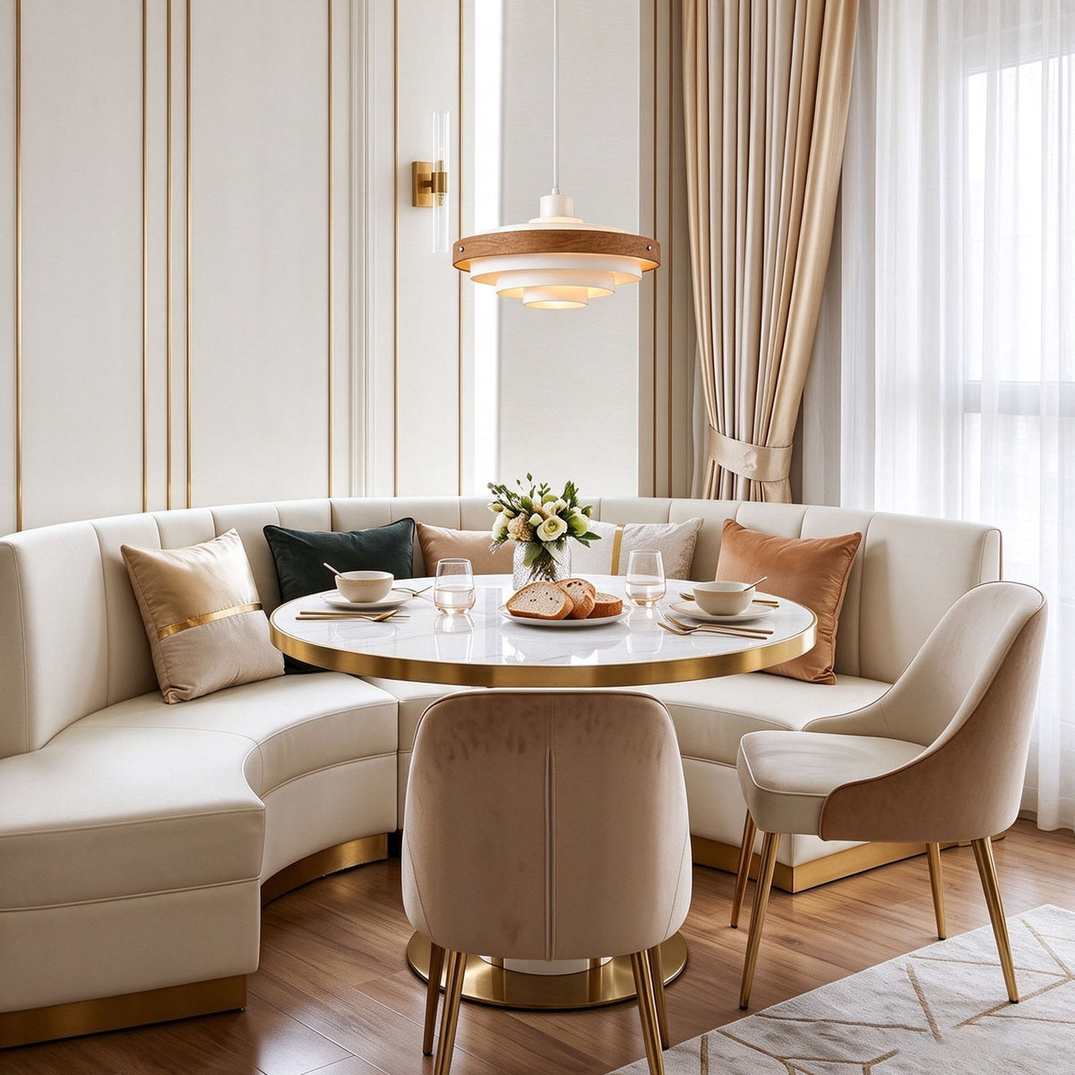 Holmvik Walnut Ring Tiered Metal Pendant Light | Walnut Wood and Metal | Illuminating an elegant dining corner with curved booth and round table | Severn Lighting