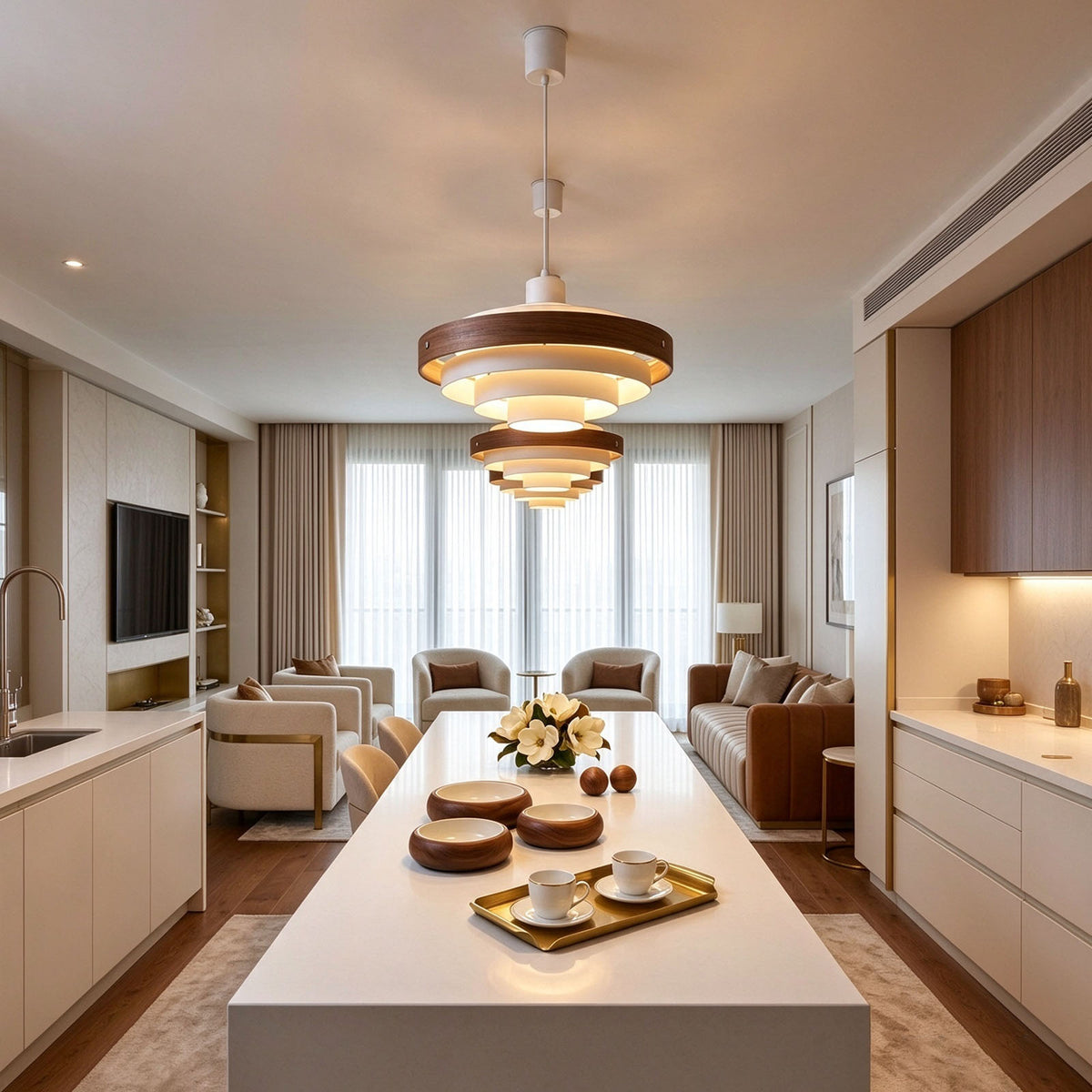 Holmvik Walnut Ring Tiered Metal Pendant Light | Walnut Wood and Metal | Positioned above a central kitchen island in an open-concept living space | Severn Lighting