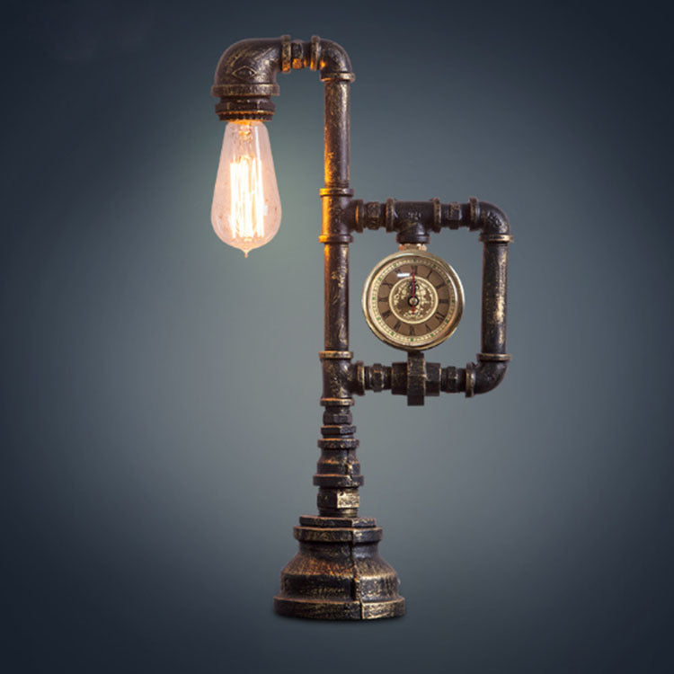 Industrial Vintage Iron Plumbing Clock Table Lamp