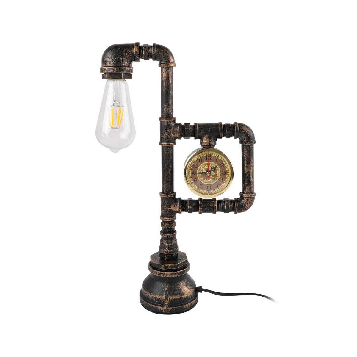 Industrial Vintage Iron Plumbing Clock Table Lamp