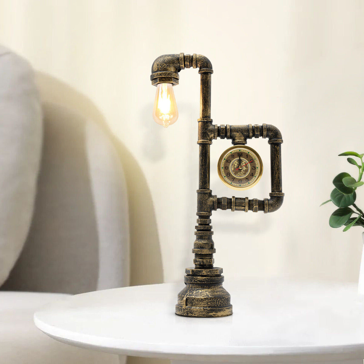 Industrial Vintage Iron Plumbing Clock Table Lamp
