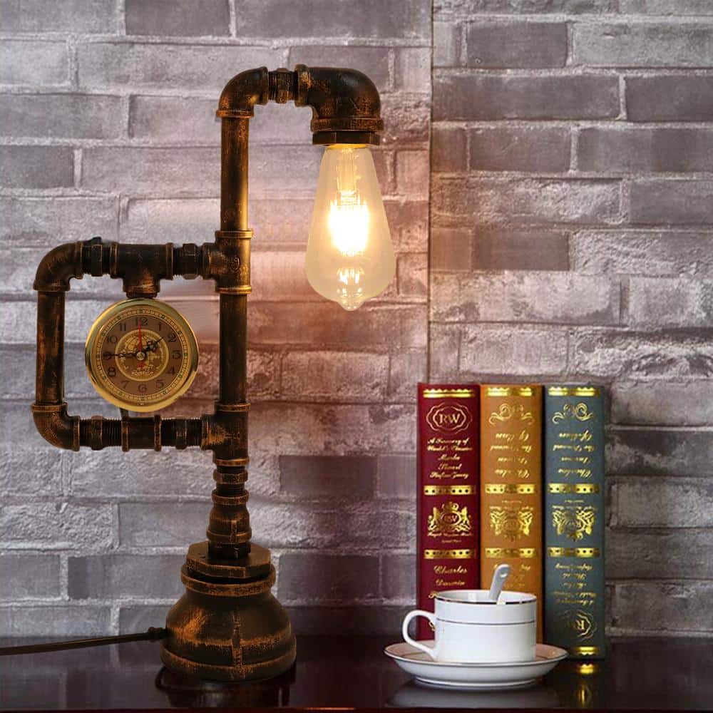 Industrial Vintage Iron Plumbing Clock Table Lamp