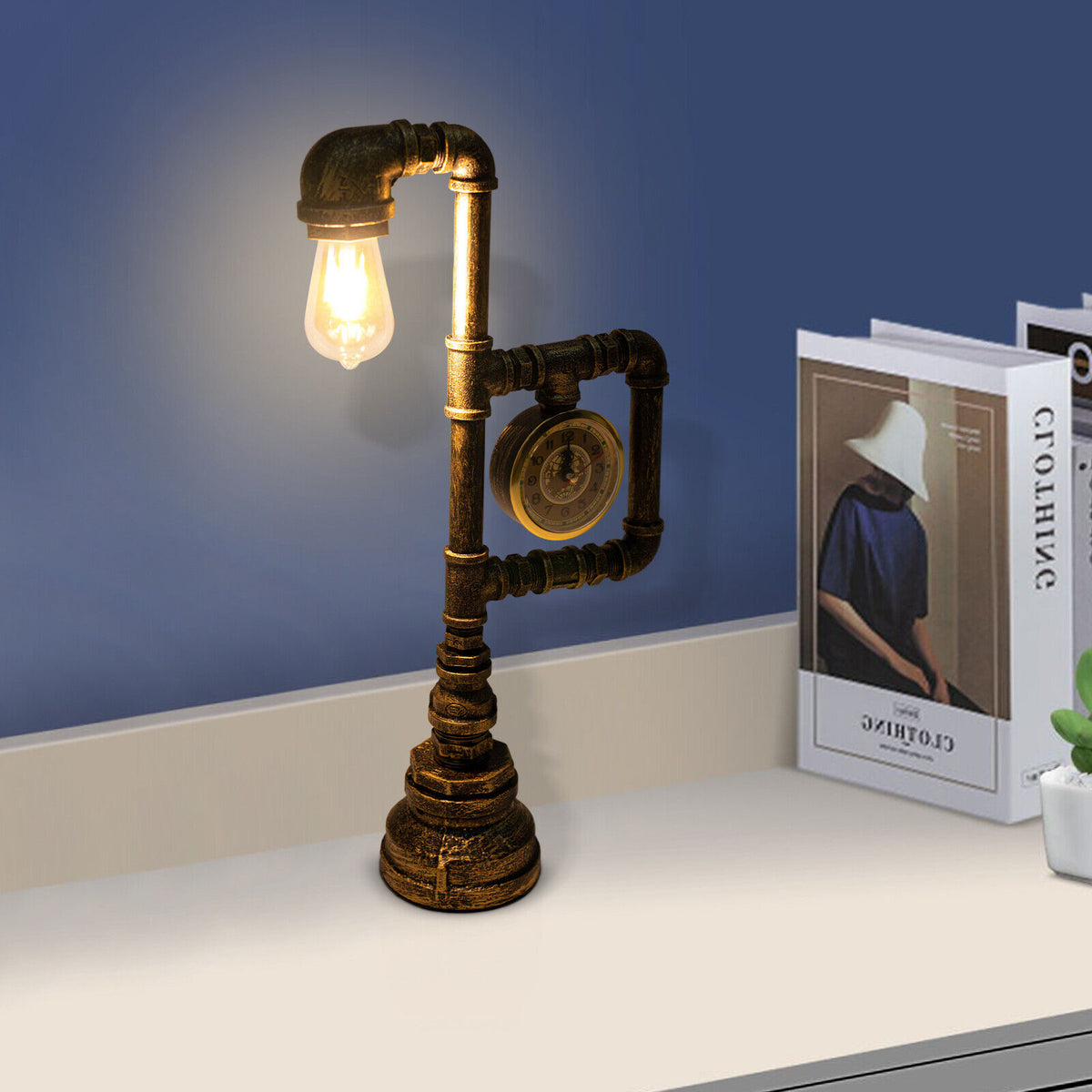 Industrial Vintage Iron Plumbing Clock Table Lamp