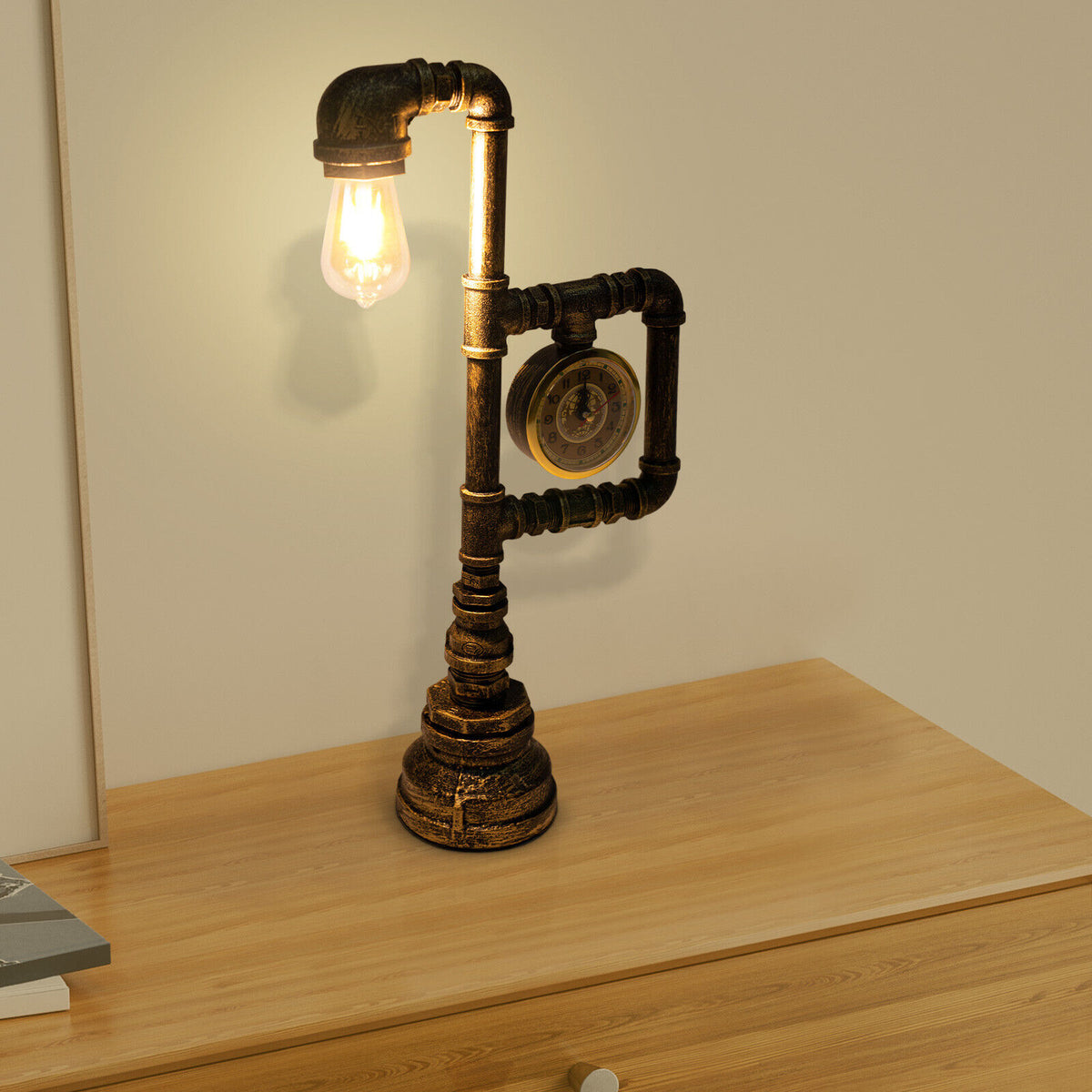 Industrial Vintage Iron Plumbing Clock Table Lamp