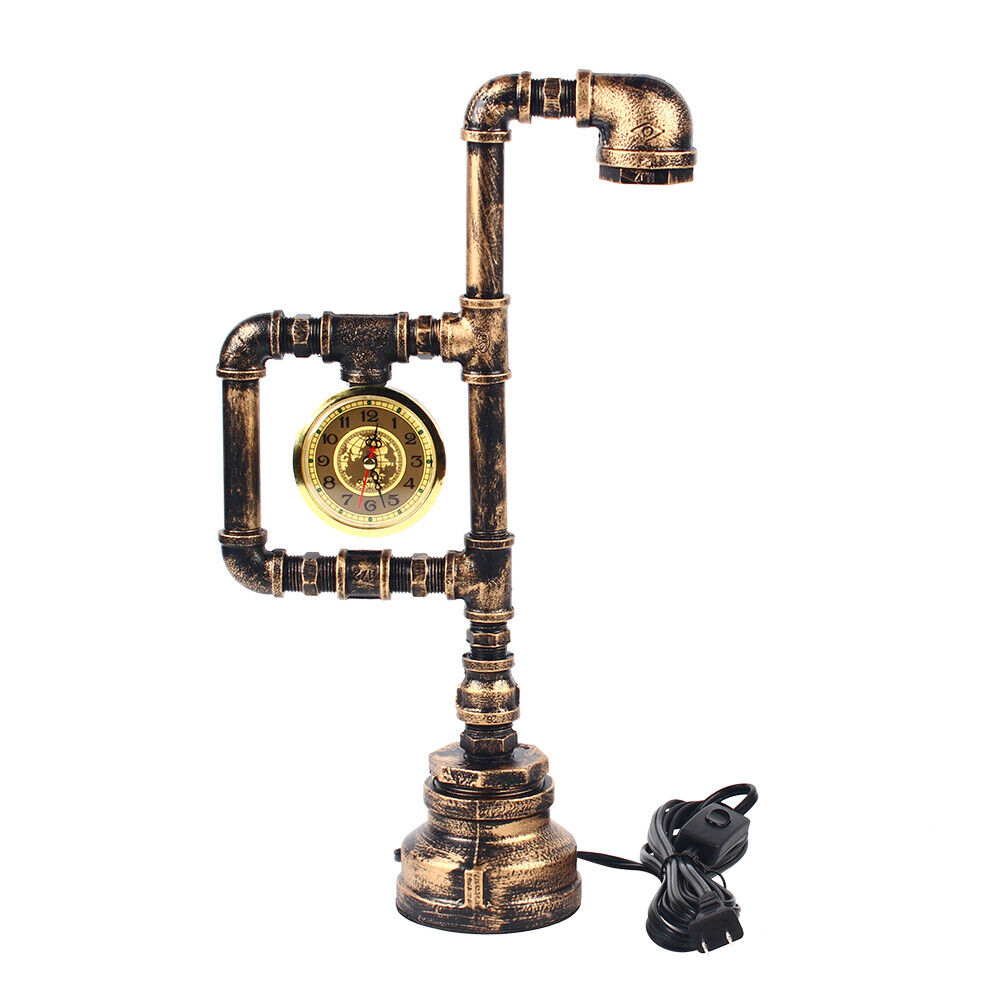 Industrial Vintage Iron Plumbing Clock Table Lamp