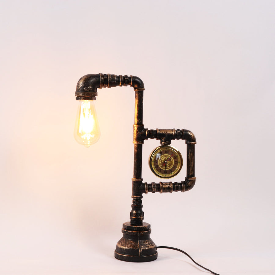 Industrial Vintage Iron Plumbing Clock Table Lamp
