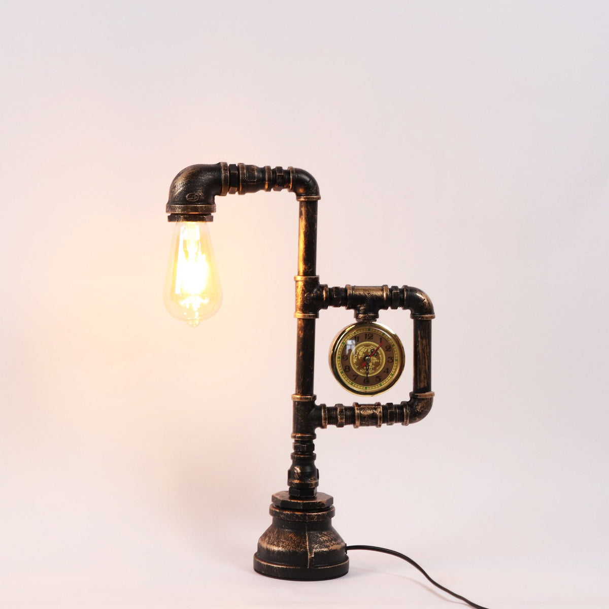 Industrial Vintage Iron Plumbing Clock Table Lamp