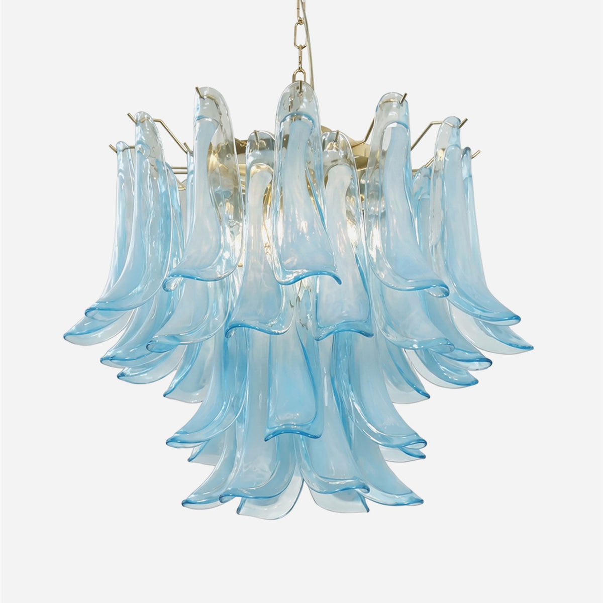 Isar Blue Petal Glass Chandelier | Blue Glass and Brass | Front full view on a pure white background, illuminated | Severn Lighting