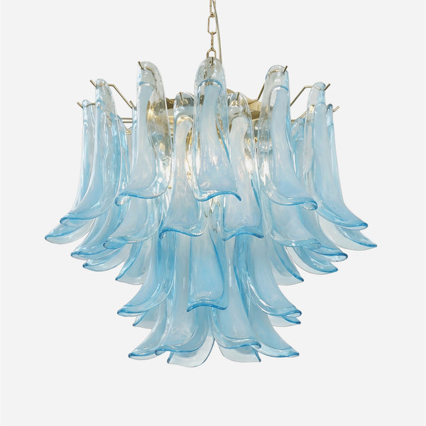 Isar Blue Petal Glass Chandelier | Blue Glass and Brass | Front full view on a pure white background, illuminated | Severn Lighting