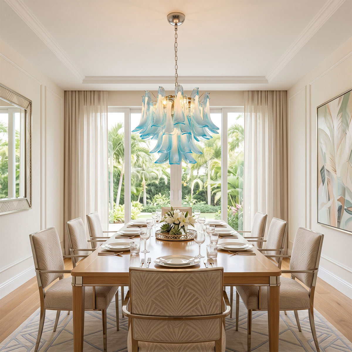 Isar Blue Petal Glass Chandelier | Blue Glass and Brass | Displayed above a long wooden table in a formal dining room | Severn Lighting