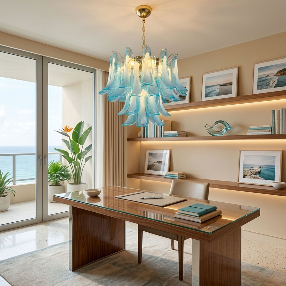 Isar Blue Petal Glass Chandelier | Blue Glass and Brass | Lighting a home office study area above a wooden desk facing the sea | Severn Lighting