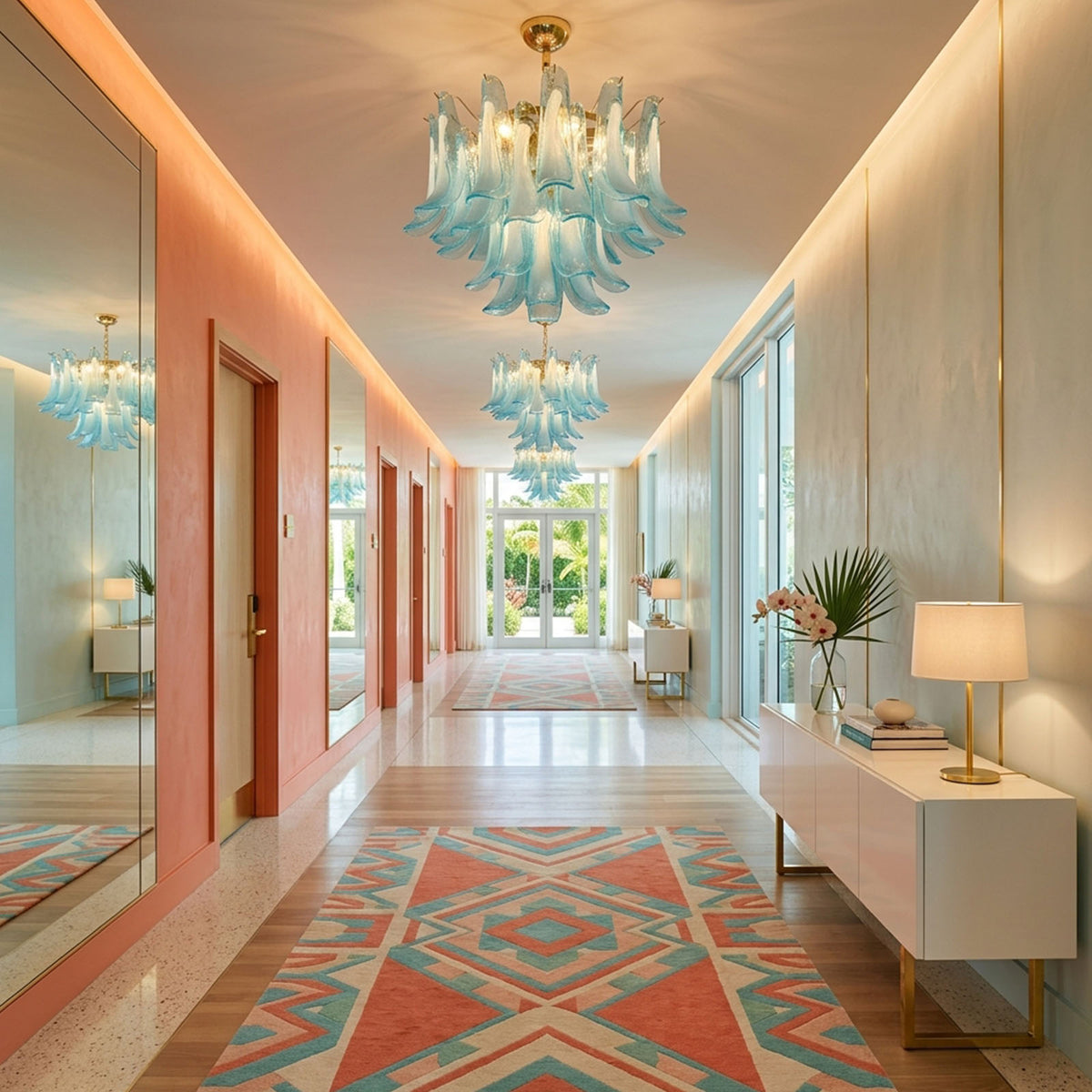 Isar Blue Petal Glass Chandelier | Blue Glass and Brass | Hanging in a long hallway corridor with a runner rug and warm ambient light | Severn Lighting