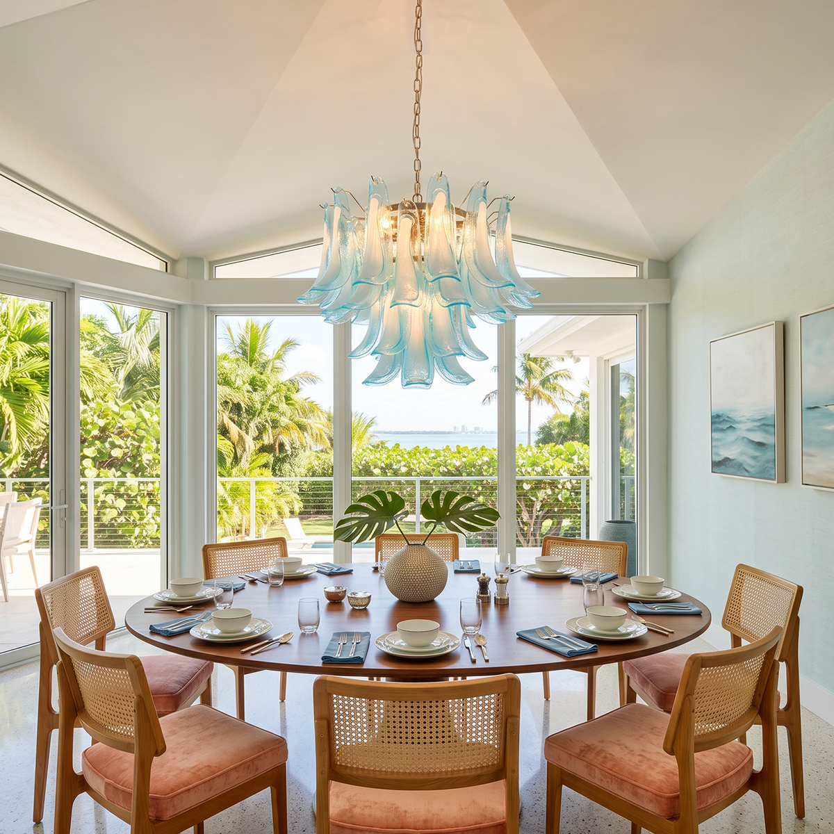Isar Blue Petal Glass Chandelier | Blue Glass and Brass | Suspended above a round wooden dining table in a coastal dining room | Severn Lighting