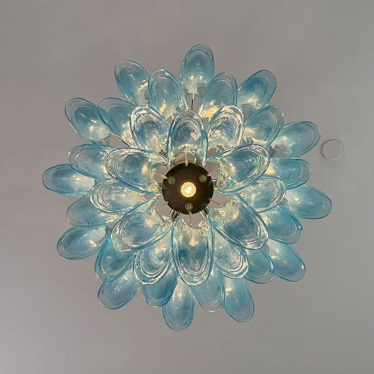 Isar Blue Petal Glass Chandelier | Blue Glass and Brass | Direct bottom-up perspective showing the flower-like concentric petal pattern | Severn Lighting