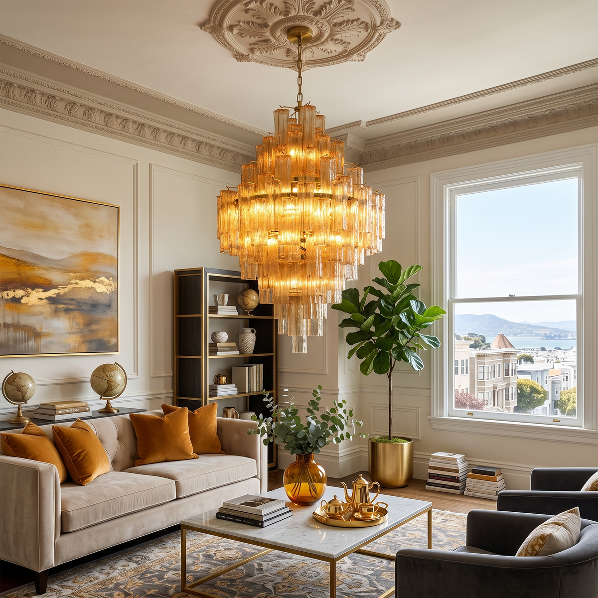 Kester Amber Glass Tier Chandelier | Amber Glass and Brass | Hanging in a classic living room with beige sofas and large windows | Severn Lighting