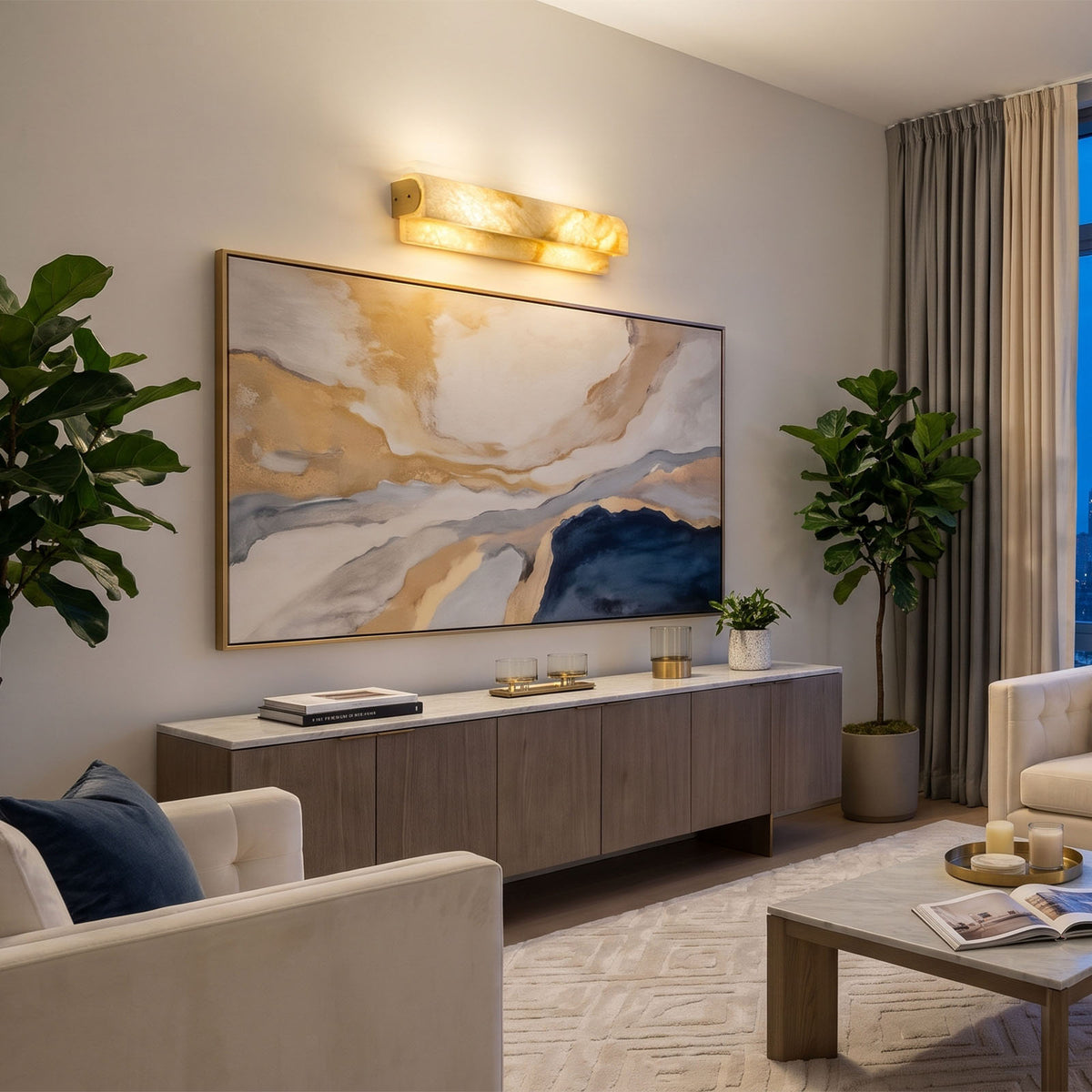 Lamelune Stacked Sconce | Alabaster and Brass | Lit over abstract wall painting in contemporary living room | Severn Lighting