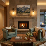 Larmelle Teardrop Sconce | Alabaster and Brass | Flanking a stone fireplace in high-ceiling living room | Severn Lighting