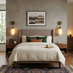 Larmelle Teardrop Sconce | Alabaster and Brass | Symmetrical pair flanking a bed in a rustic bedroom | Severn Lighting