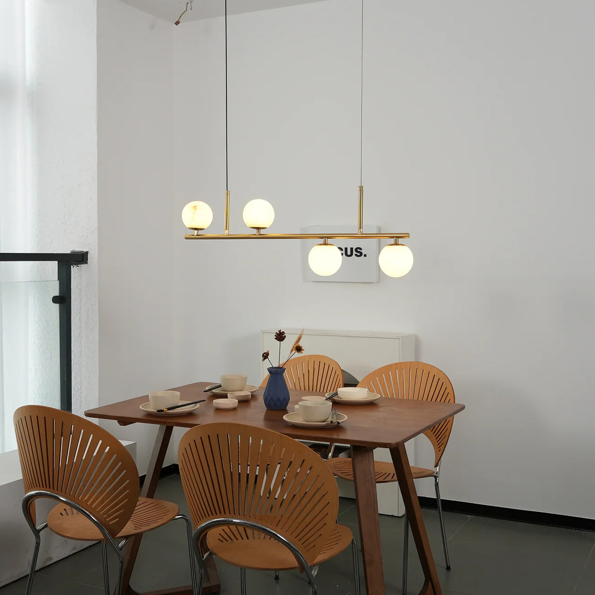 Linear Brass Alabaster Globe Chandelier