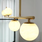 Linear Brass Alabaster Globe Chandelier