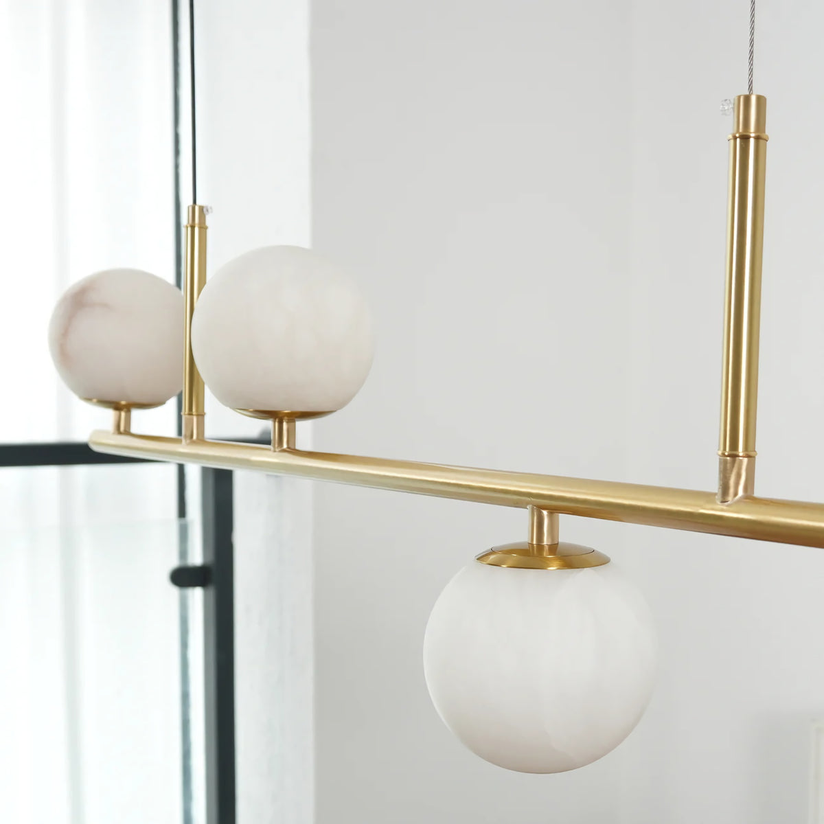 Linear Brass Alabaster Globe Chandelier