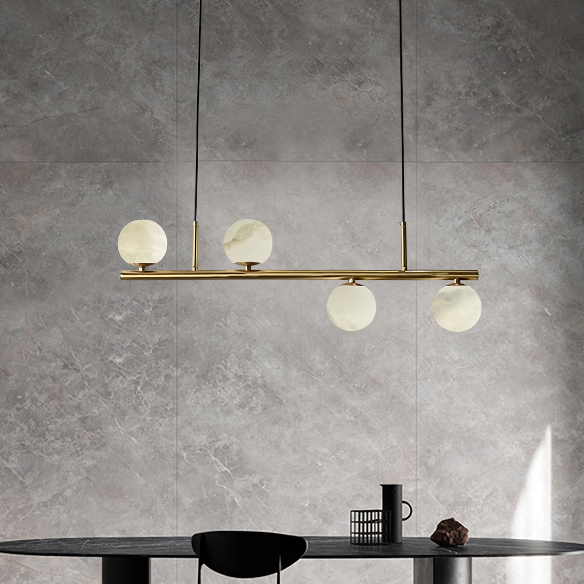 Linear Brass Alabaster Globe Chandelier