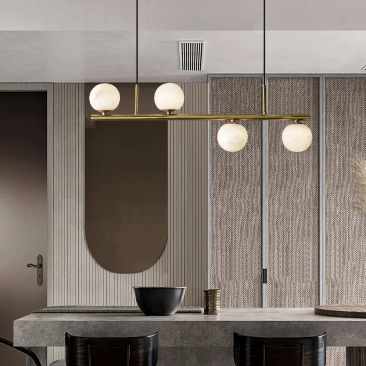 Linear Brass Alabaster Globe Chandelier