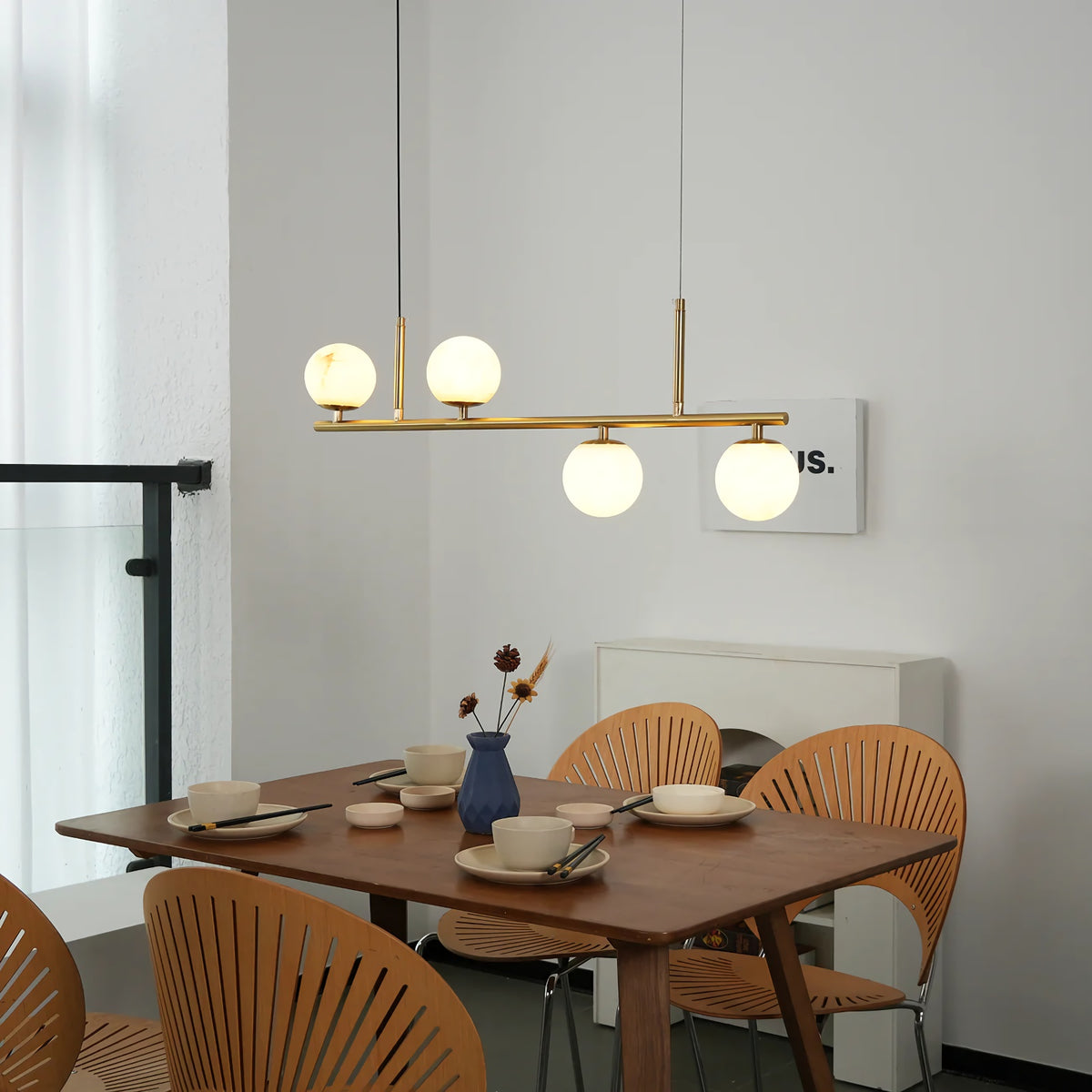 Linear Brass Alabaster Globe Chandelier