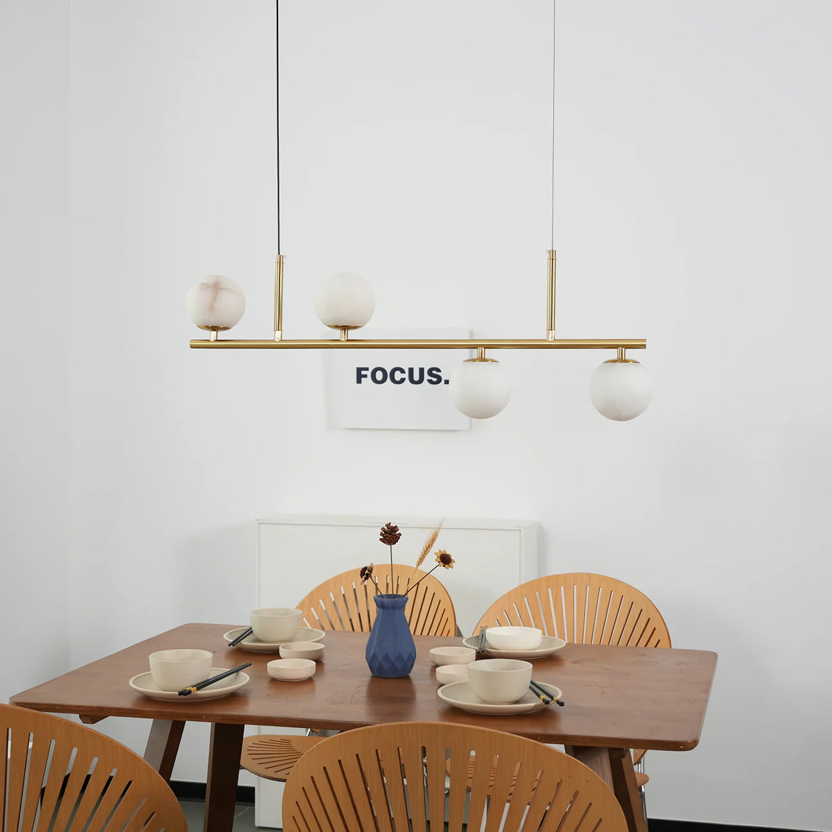 Linear Brass Alabaster Globe Chandelier