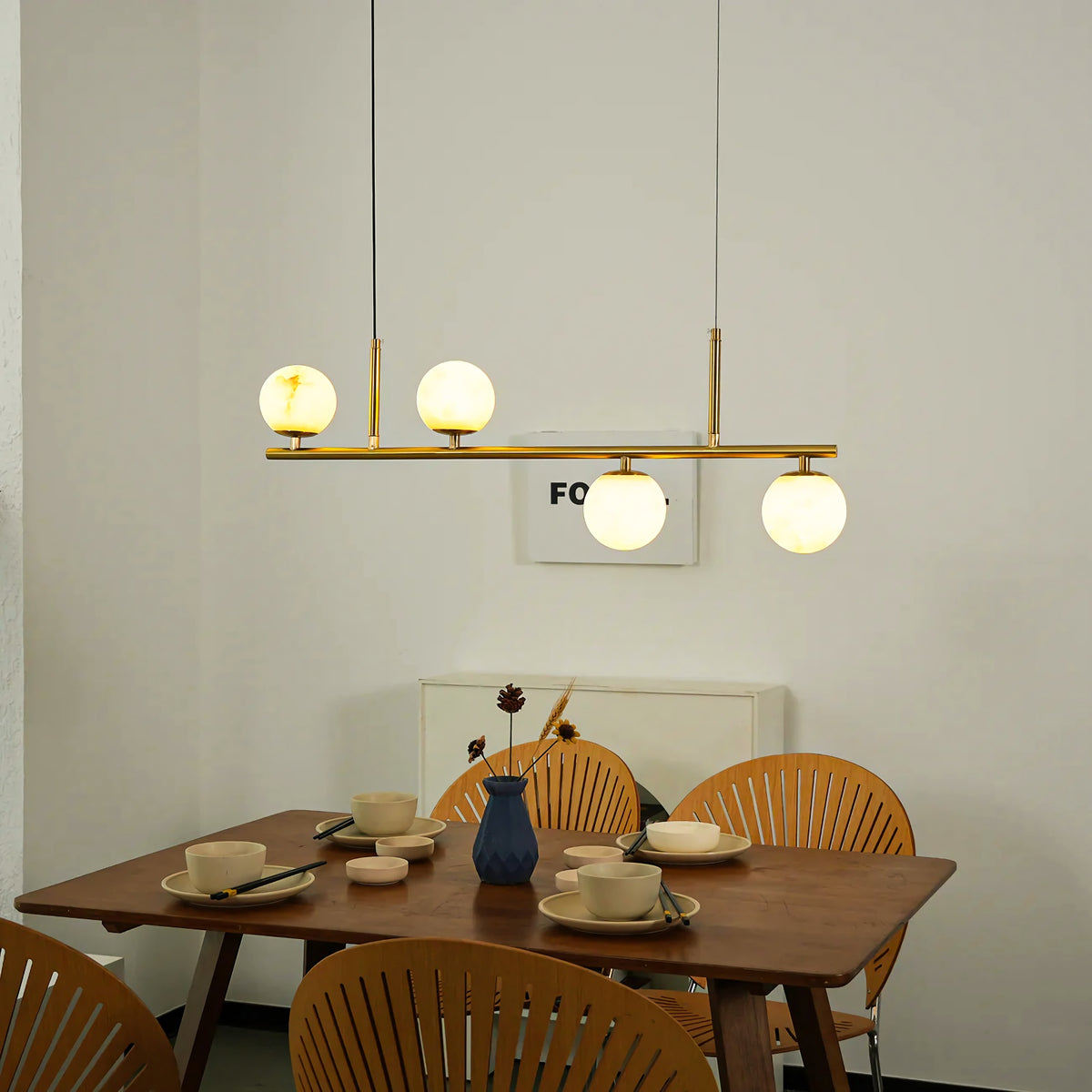 Linear Brass Alabaster Globe Chandelier