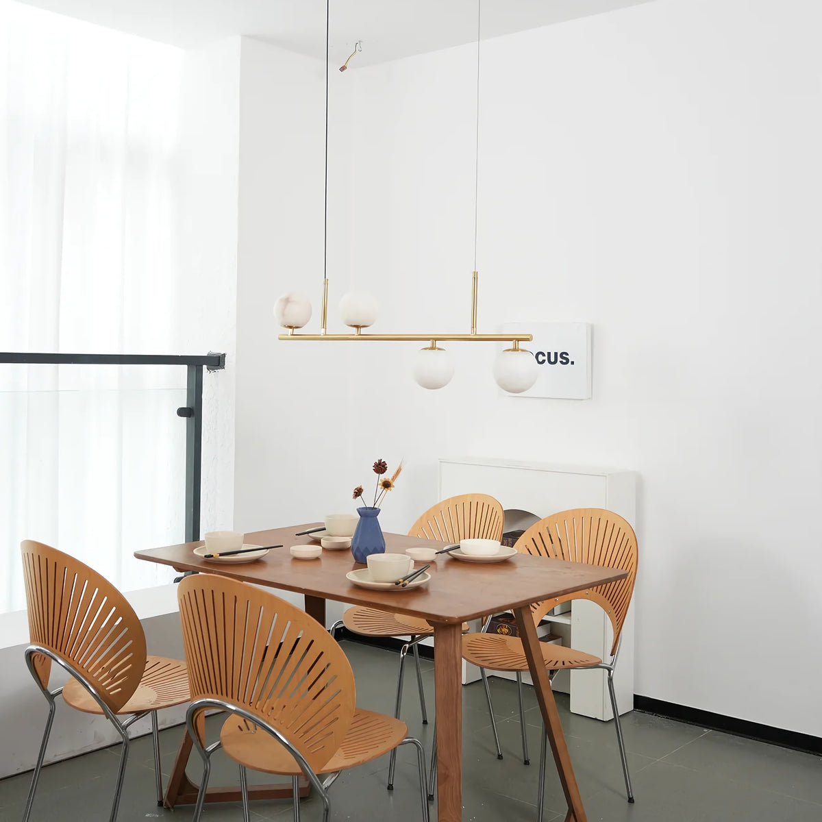 Linear Brass Alabaster Globe Chandelier