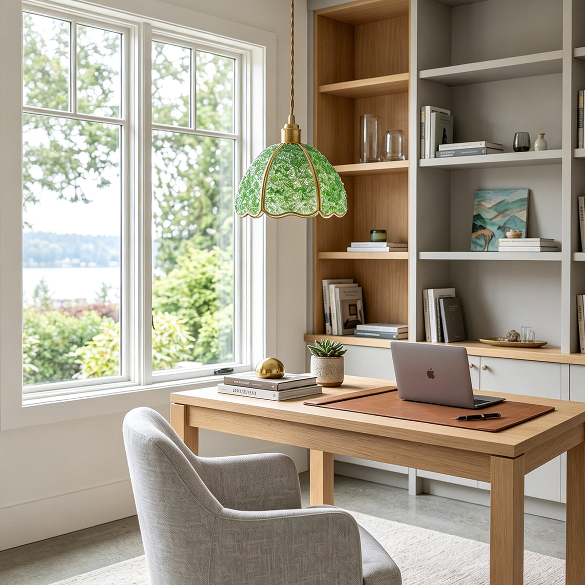 Liora Mosaic Glass Pendant Light | Green Mosaic Glass and Brass | Hanging as a task light over a wooden desk in a home office near a large window | Severn Lighting